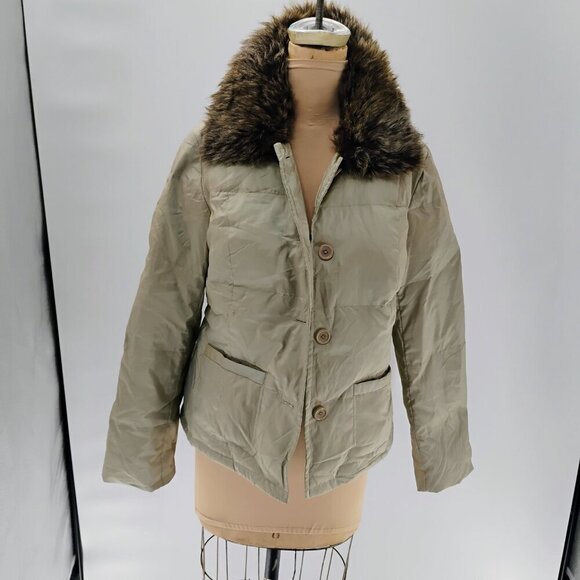 Ann Taylor Loft Beige Down Puffer Jacket - Size S Petite down feathers coat fur - Picture 1 of 13